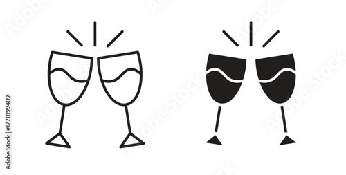 Clinking glasses icons set. Simple line vector illustration