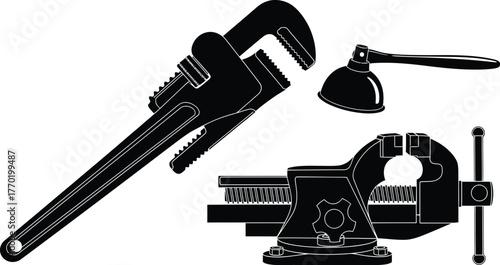 Plumbing tools pipe wrench plunger and vise black and white image