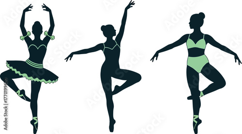 Three ballerina silhouettes dancing ballet poses vector graphic