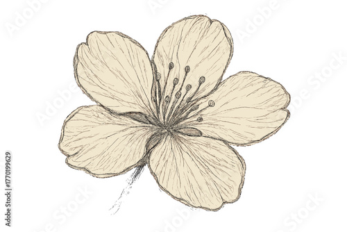 Blossom cherry delicate folds along hatching vector rough outlined illustration thin petals
