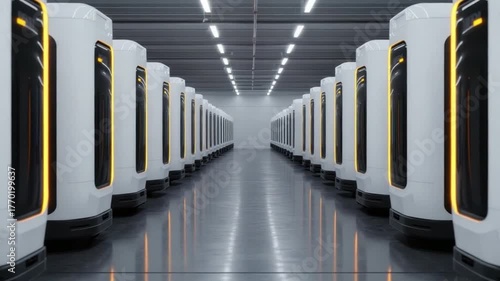 Futuristic technology storage facility with sleek modular units lined up in modern logistics environment 4k video footage