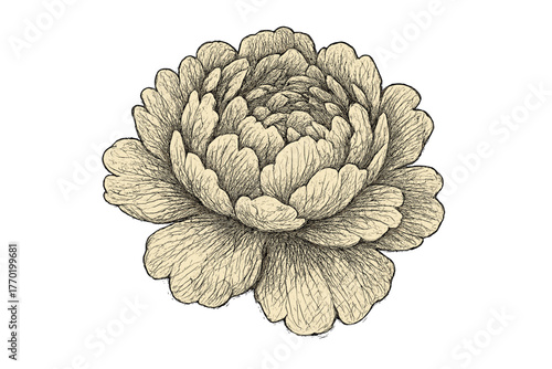 Vector sketch illustration overlapping texture petals shaded dense peony bloom crosshatching