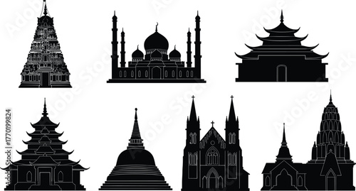 Silhouettes of world famous religious temples, churches, mosques, and pagodas, cultural architecture landmarks, spiritual buildings vector illustration set