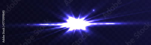 Bright blue glowing light flare burst with horizontal rays on dark transparent background, shining star flash effect, abstract energy illumination design.