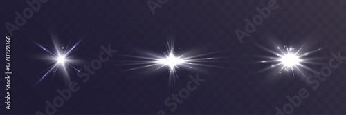 White glowing star light flares set on dark transparent background, bright shining sparkle bursts collection, abstract glowing flash effect design.
