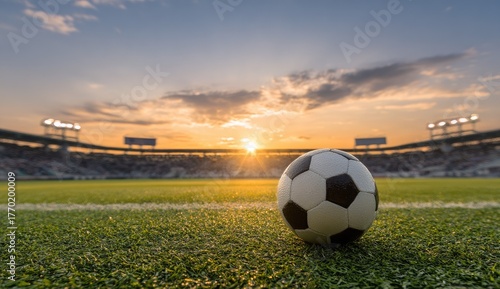 Soccer ball rests on a grassy field with stadium lights at sunset.