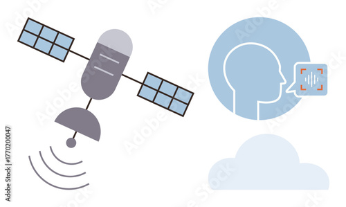 Satellite sends signals, head with sound recognition icon, cloud shape reflects remote technology. Ideal for communication, AI, data transfer, speech analysis, connectivity, cloud services