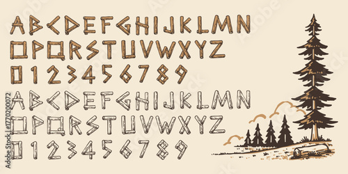Nature Style Alphabet and Numbers Made of Tree Branches set, Display Font with Pine Tree Illustration
