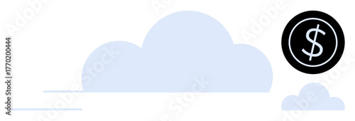 Dollar sign in black circle near minimal blue clouds evokes digital storage, financial management, cost efficiency, and cloud technology. Ideal for tech, finance, savings, business, investment