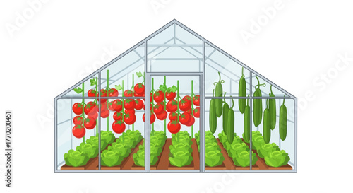 Vibrant Greenhouse Illustration Featuring Various Organic Vegetables Cultivated Indoors for Sustainable Farming and Healthy Lifestyle Concepts
