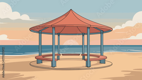 A beach scene with a gazebo structure and ocean view under a pastel colored sky at sunset time
