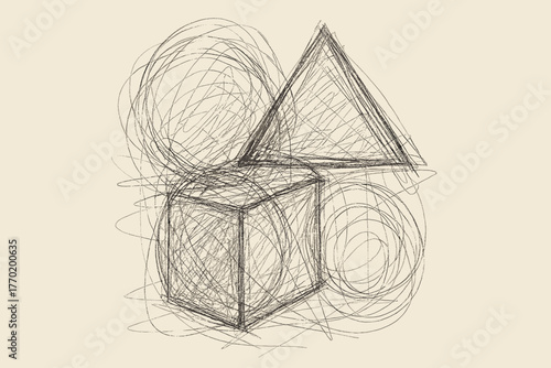 Structure abstract illustration scribbled forms inside uneven scribble art cube strokes vector
