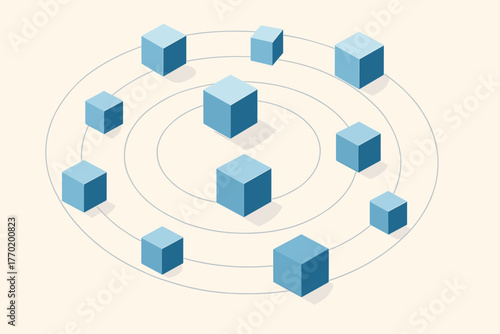 Floating balanced dynamics motion arranged geometric cube pattern vector orbit creating paths