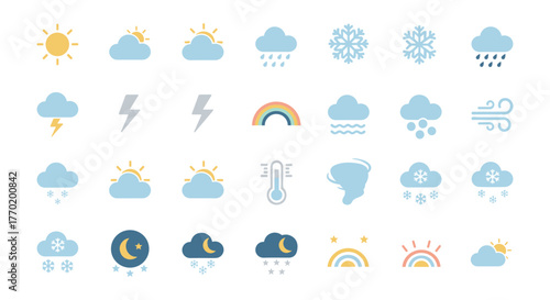 Weather icon set: flat design with sun, clouds, rain, snow, and wind elements