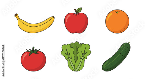 Fresh fruit and vegetable icons: banana, apple, orange, tomato, lettuce, cucumber