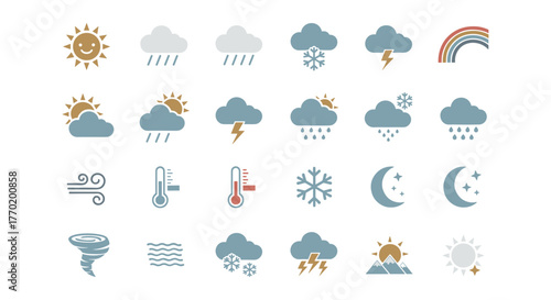 Weather icon set featuring sun, rain, snow, cloud, and rainbow in flat style