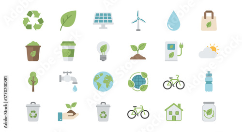 Eco-friendly icons: renewable energy, recycling, sustainability, and nature conservation