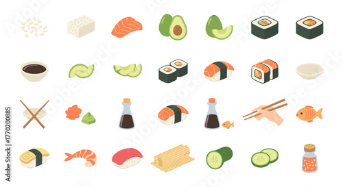 Colorful flat design sushi and japanese cuisine elements