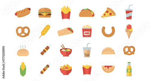 Flat style icon set featuring popular fast food items for modern cuisine design