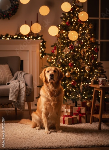 Golden retriever dog sitting near Christmas tree at home