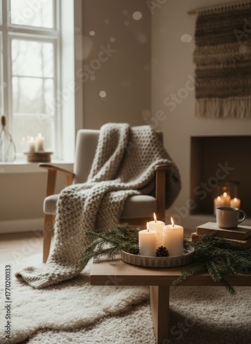 Minimalist cozy winter interior with candles and blanket