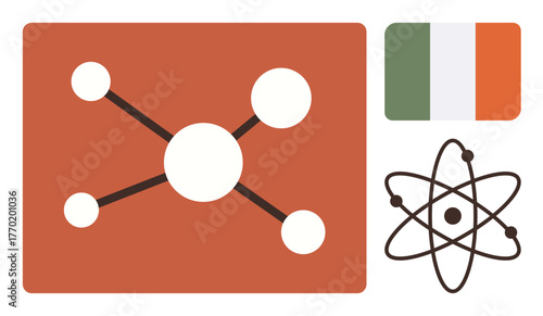 Molecular network with central atom, connected nodes, simplified atom structure, Irish flag. Ideal for science, technology, chemistry, networking national identity education modern design. Simple