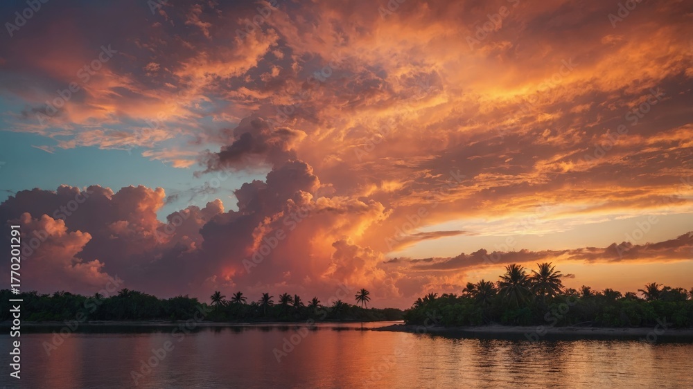 Fototapeta premium Dramatic tropical sunset over silhouetted palm trees and calm water with colorful clouds and vibrant sky reflections