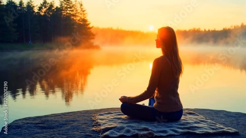 Woman meditating on rock by serene lake during sunrise  