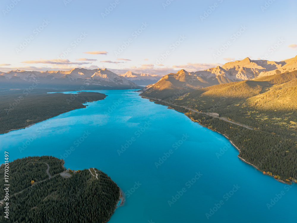 Fototapeta premium Aerial view of Abraham Lake near Banff and Jasper National Parks 