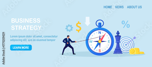 Businessman pulling arrow of compass to win the market. Business finance development and investment strategy. Leadership or visionary. Make decision for business direction. Future planning
