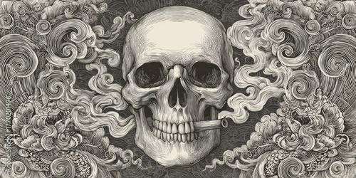 Detailed skull with intricate smoke and mythical creatures, monochrome engraving.