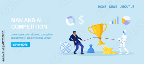 Business leader and humanoid robot pull a rope with golden cup. AI partnership and competitive drive that leads to higher revenue, award winning. Chatbot and man fight for trophy. Business competition