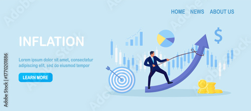 Manager pulls arrow upward above financial charts. Profit growth and revenue drive and KPI focus. Hitting targets and building wealth. Financial achievement
