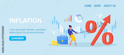 Business woman pulls a rope to raise a giant percent sign over stock charts. Revenue growth and KPI focus for finance sales trading and investment. Interest rate profit business growth