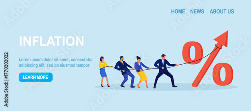 Business team pulls a giant percent sign with an arrow to lift results. Rising interest rate, strong sales goals and KPI growth. Collective effort across finance and marketing