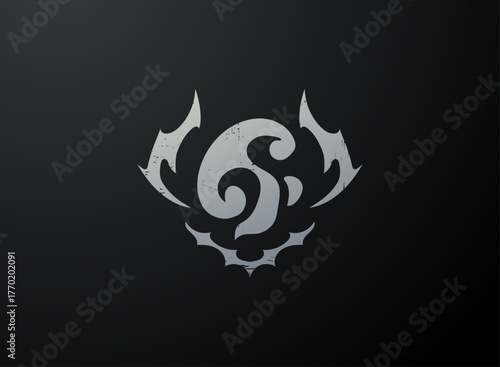 Water emblem tribal symbol design, fantasy wave crest with metallic scratched texture and sharp aquatic shapes on dark background.