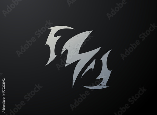 Lightning emblem tribal symbol design, fantasy abstract thunder crest with scratched metallic texture and sharp silver blade shapes on dark background.
