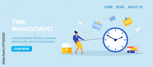 Business woman pulls a rope tied to a giant clock to push back an approaching deadline. Urgency, procrastination and workload pressure. Time management, business planning for efficiency