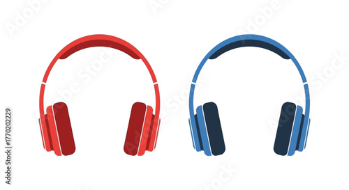 A pair of modern over-ear headphones in red and blue colors. Flat vector design element for audio and music themes