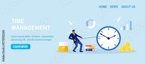 Businessman pulls a rope tied to a giant clock to push back an approaching deadline. Urgency, procrastination and workload pressure. Time management, business planning for efficiency