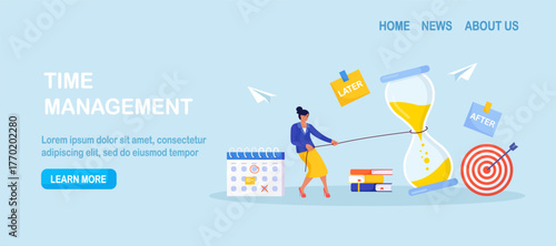 Business woman pulls a rope tied to a giant hourglass as sand runs out. Deadline pressure, urgency and race against time. Time management, business planning for efficiency