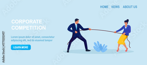 Two professionals pull a rope from opposite sides as tension builds. Rivalry, negotiation and power balance in business. Conflict management. Characters fighting for leadership, arguing, wrestling