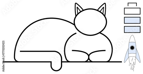 Simplified cat outline reclining, battery levels indicating energy and rocket symbolizing power or speed. Ideal for creativity, technology, energy concepts, productivity, relaxation, potential