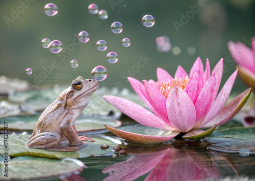 A pink frog sits near a lotus with soap bubbles
