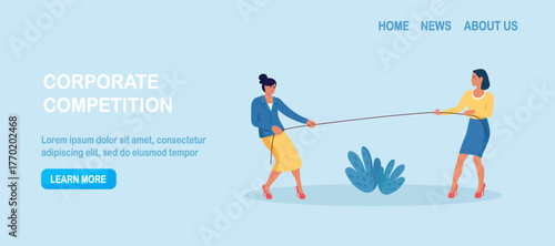 Two professionals pull a rope from opposite sides as tension builds. Rivalry, negotiation and power balance in business. Conflict management. Characters fighting for leadership, arguing, wrestling