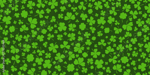 Shamrock or green clover leaves pattern background flat design vector illustration. St Patrick Day shamrock symbols decorative elements horizontal pattern texture.