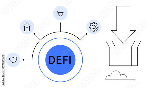 Centralized DEFI surrounded by icons of home, heart, cart, gear, and box with download arrow. Ideal for finance, technology, blockchain innovation connectivity systems investment themes. Simple