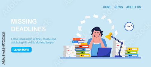 Paperwork piles and ticking clock push employee to the limit. Woman holds her head as files surround the desk. Burnout, overload and stress and urgent deadline in office work