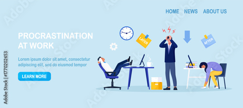 Stressed manager stands between relaxed employee and drained colleague. Procrastination, low productivity. Burnout in professional life. Bad time management and deadline pressure