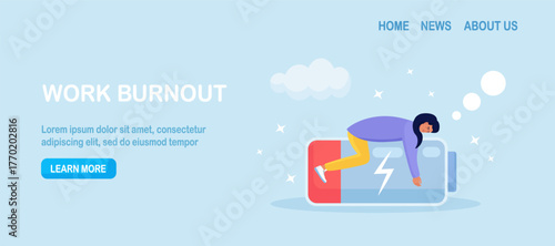 Woman with low energy asleep on drained battery. Tired overworked woman need for rest and recharge for wellness and sleep health content. Work efficiency and professional burnout